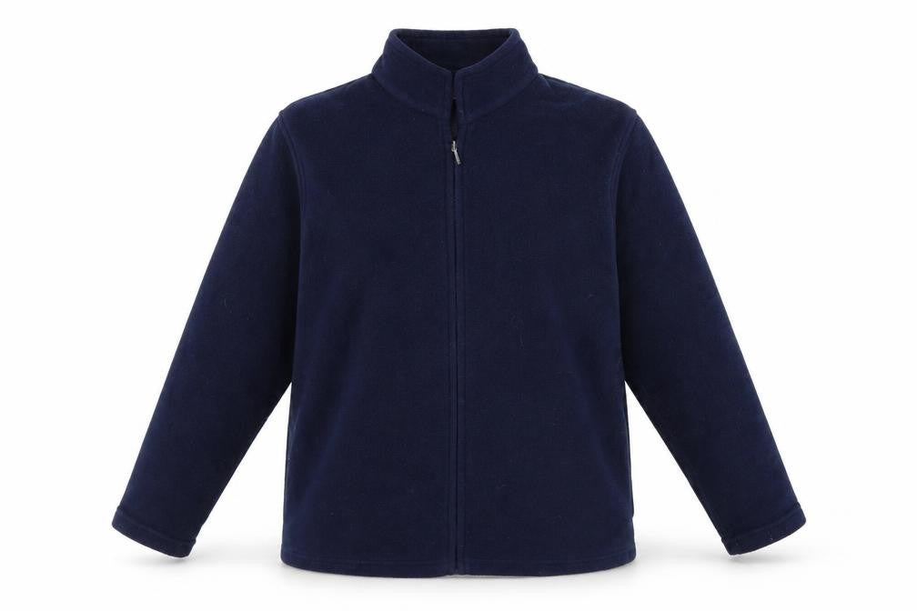 Front view of EWM women’s blue full zip jumper, size UK 14