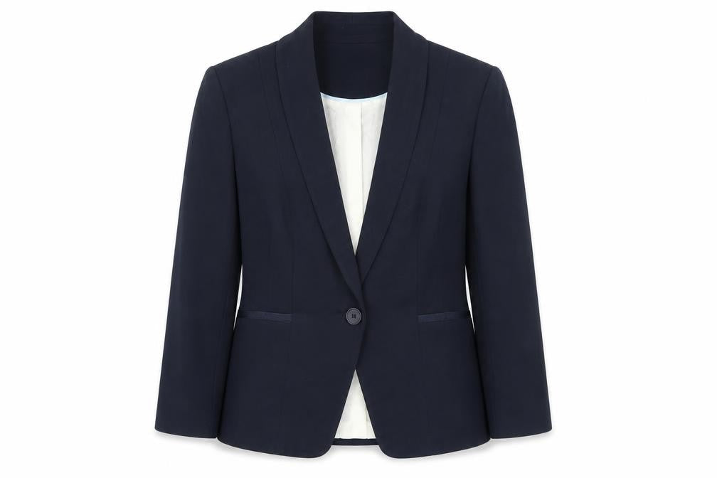 Front view of Marks & Spencer women’s blue jacket suit jacket, size UK 14