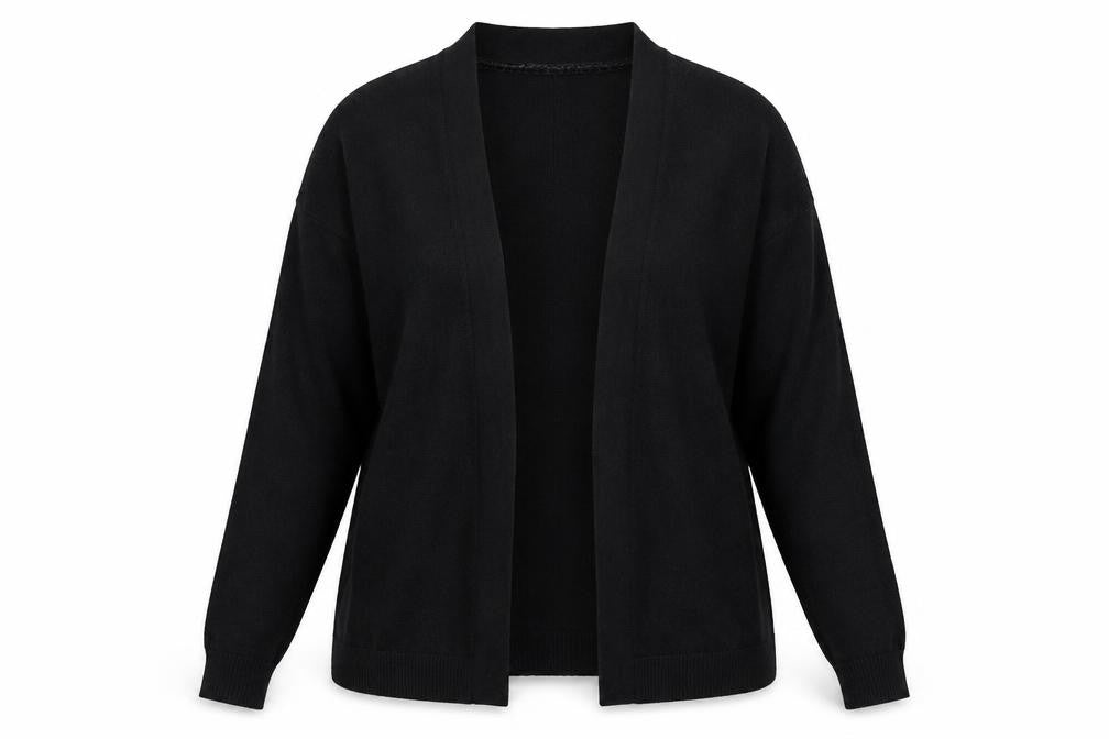 Front view of M&Co women’s black cardigan jumper, size UK 8