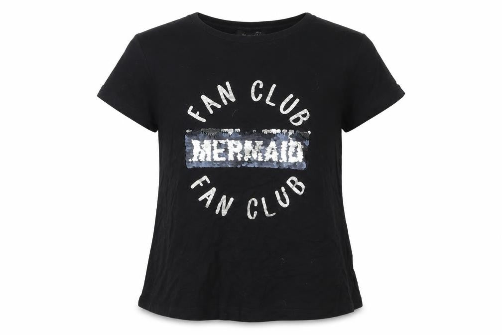 Front view of Primark girls’ black basic t-shirt, size 9-10, years - mermaid fan club