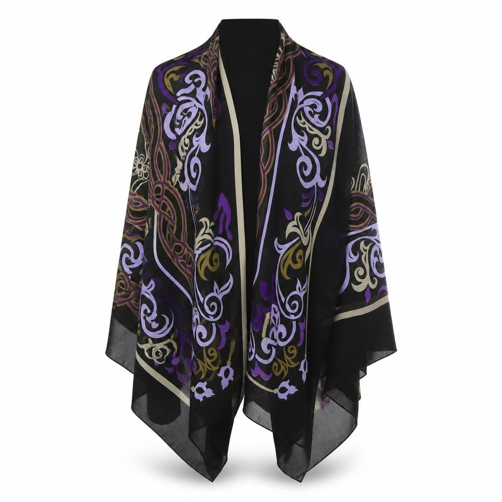 Front view of Kelebek Folar women’s black floral shawl/wrap