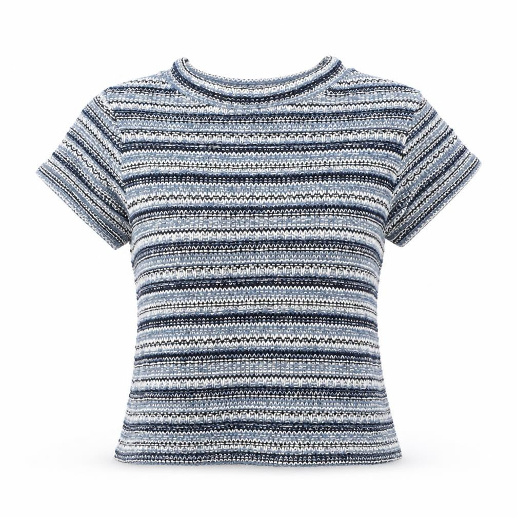 Front view of River Island women’s blue striped knit jumper, size UK 8