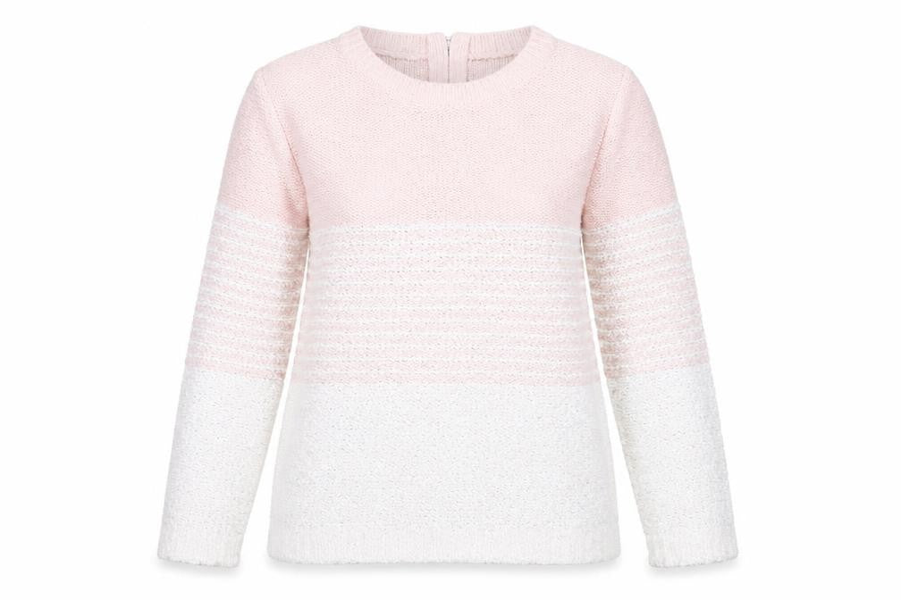 Front view of Debenhams women’s pink striped knit jumper, size UK 16