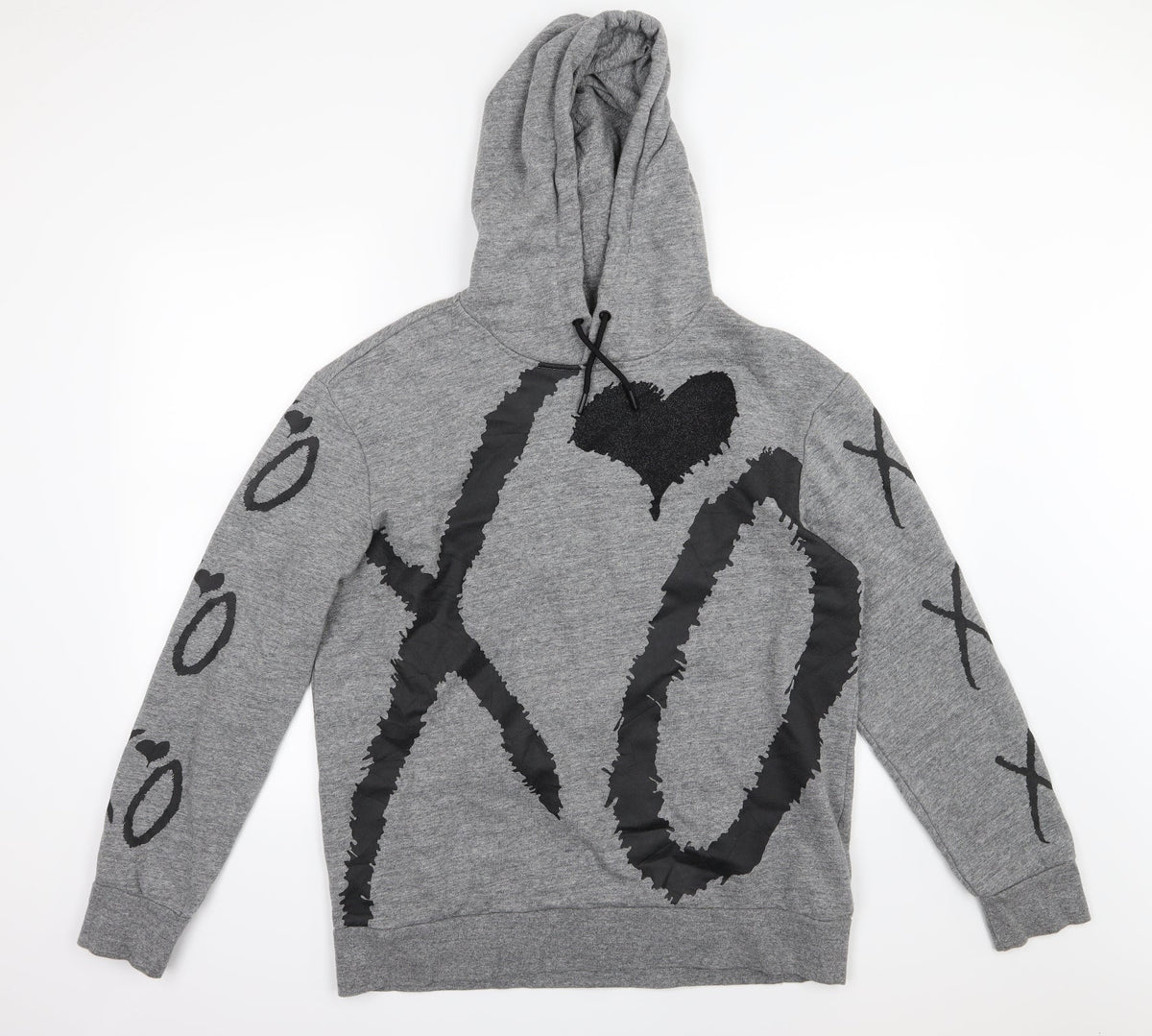 Front view of H&M women’s gold jersey pullover hoodie, size M, - xoxo
