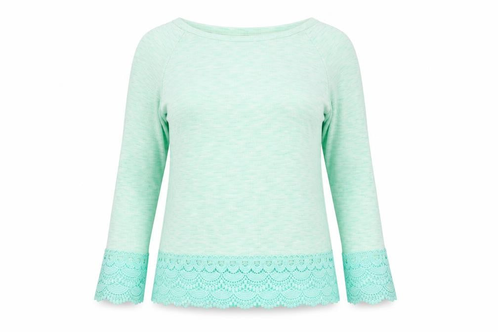 Front view of Paramour women’s green knit jumper, size M, - crochet detail