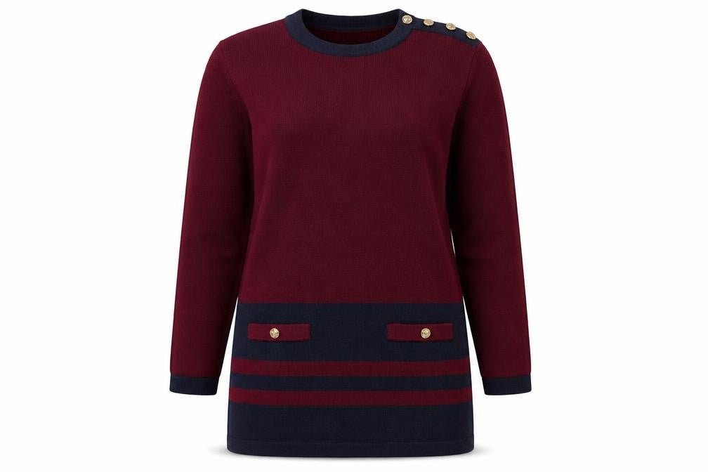 Front view of Country Club women’s purple striped knit jumper, size M
