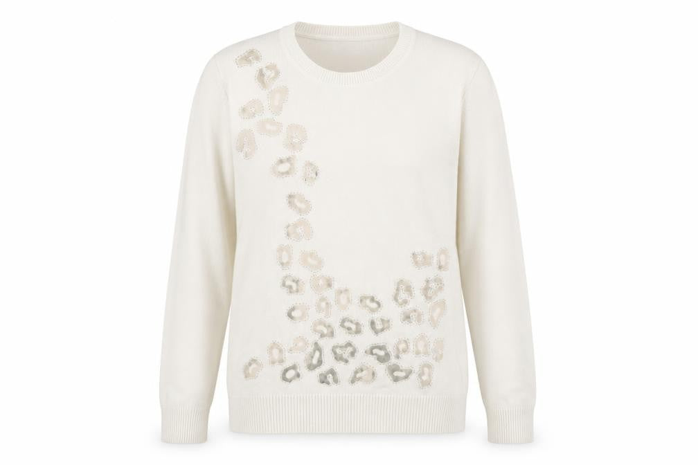 Front view of Claudia C women’s white animal print knit jumper, size L