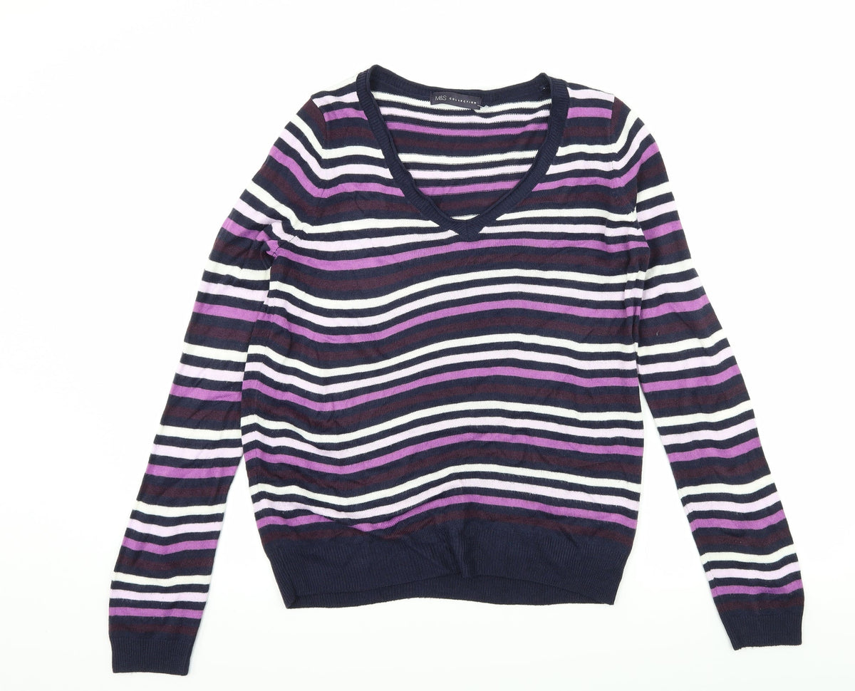 Additional front view of Marks & Spencer women’s purple striped knit jumper, size UK 12