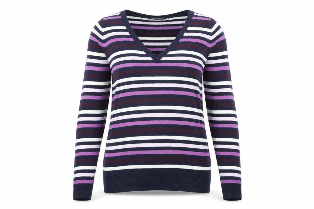 Front view of Marks & Spencer women’s purple striped knit jumper, size UK 12