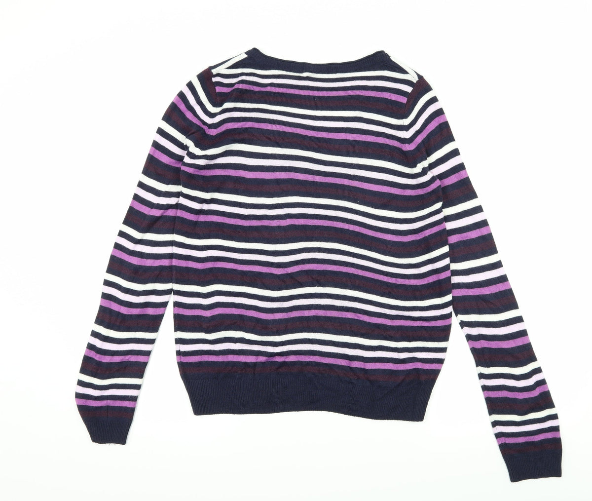 Back view of Marks & Spencer women’s purple striped knit jumper, size UK 12