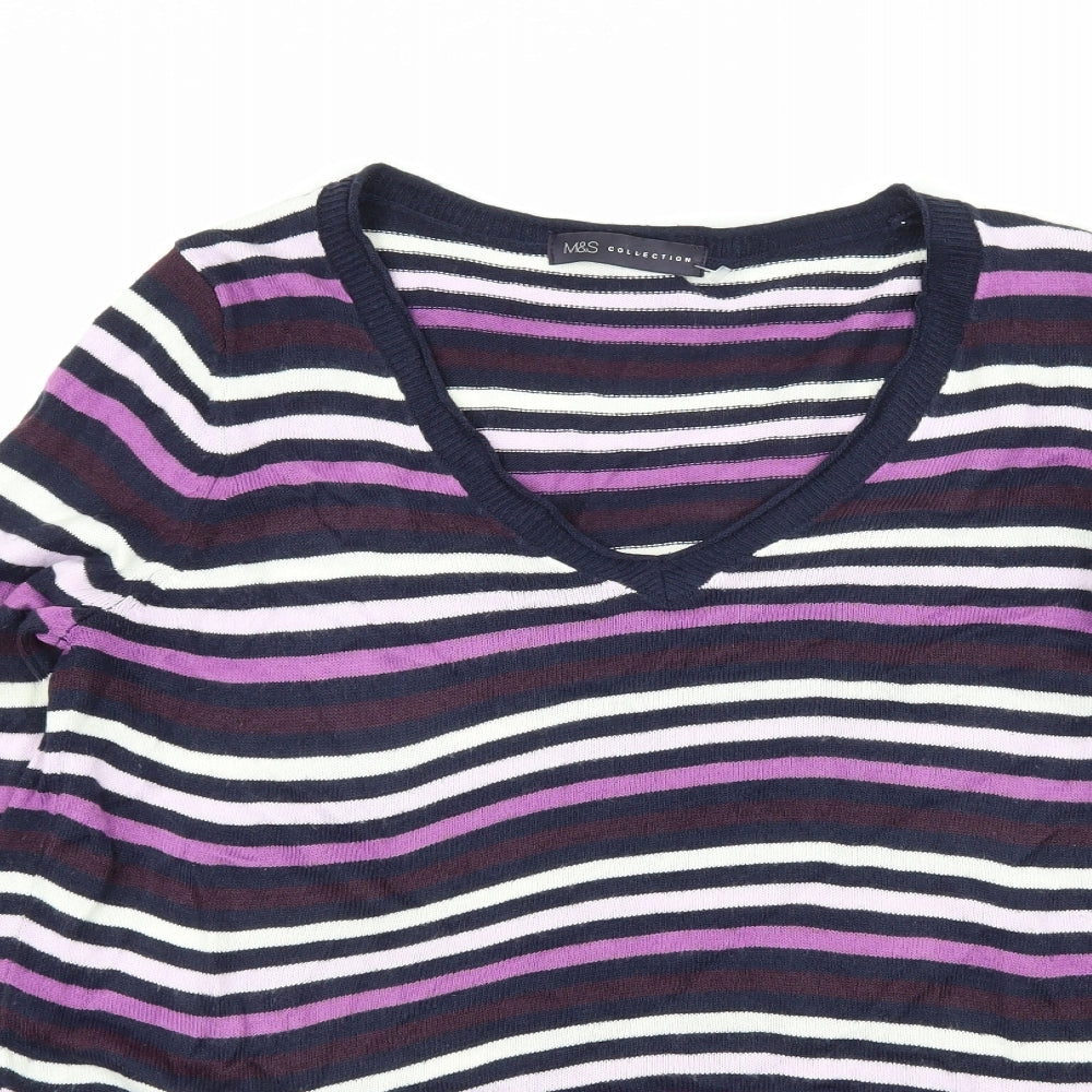 Close-up detail of Marks & Spencer women’s purple striped knit jumper, size UK 12