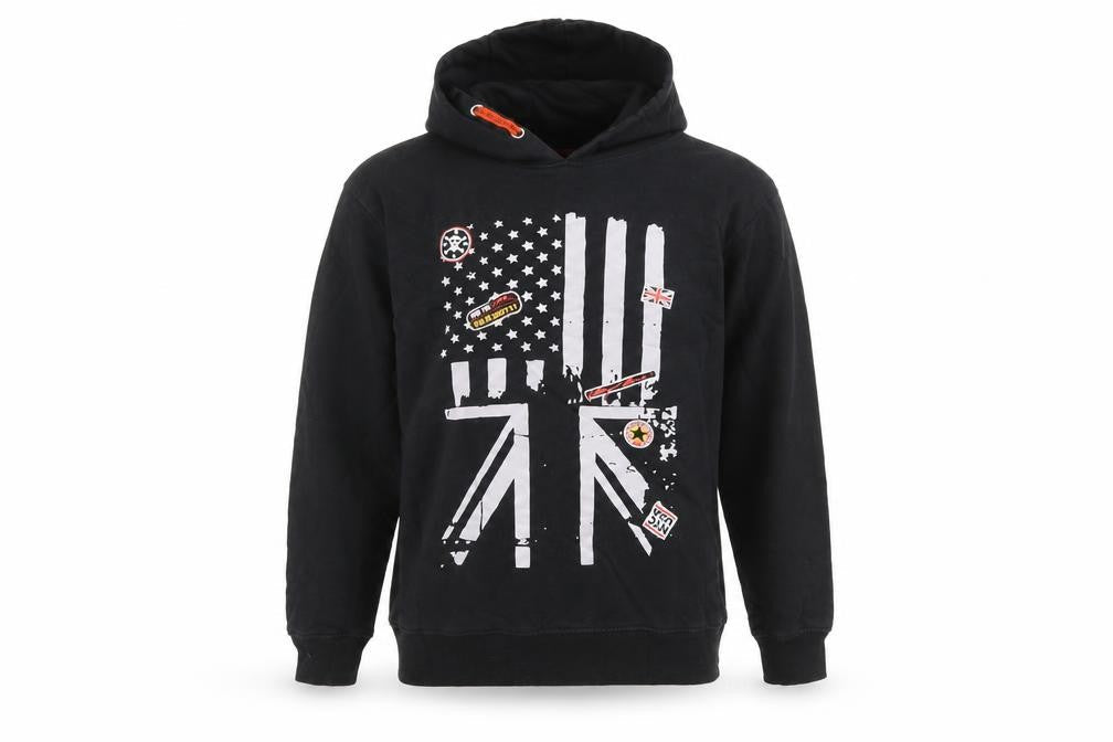 Front view of Bon Prix boys’ black jersey pullover hoodie, size 12-13, years
