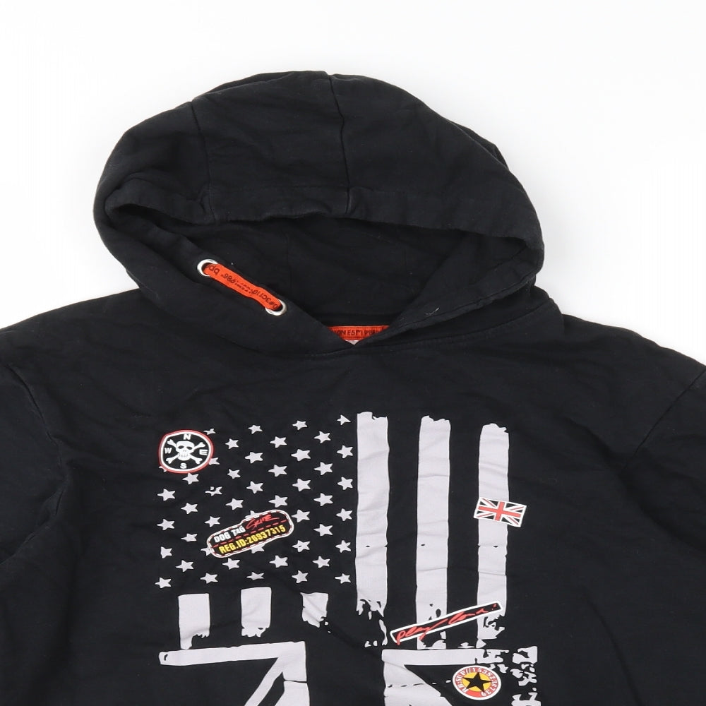 Close-up detail of Bon Prix boys’ black jersey pullover hoodie, size 12-13, years