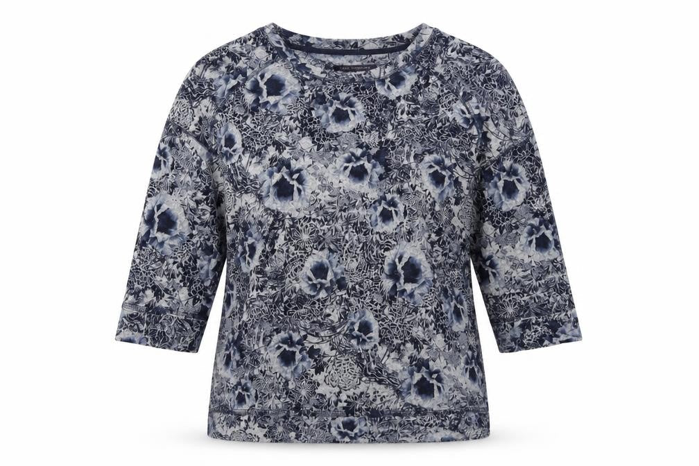 Front view of Marks & Spencer women’s blue floral jumper, size UK 14