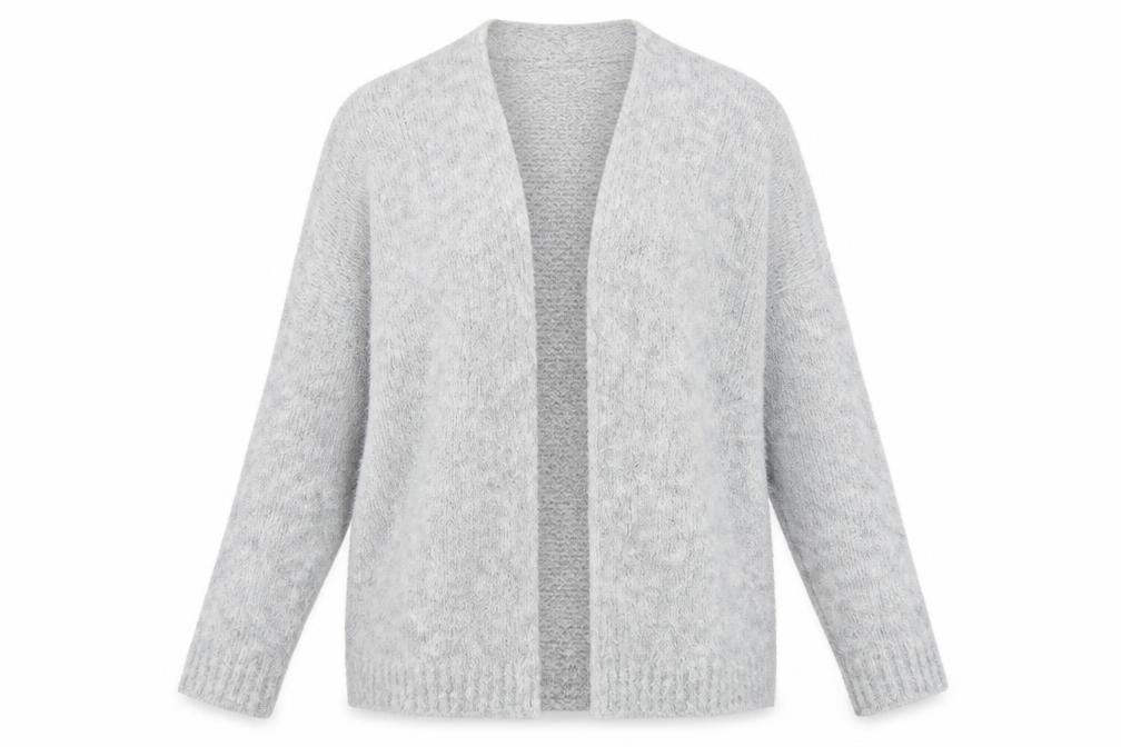 Front view of Vanessa Alexandra women’s grey knit cardigan jumper, size L