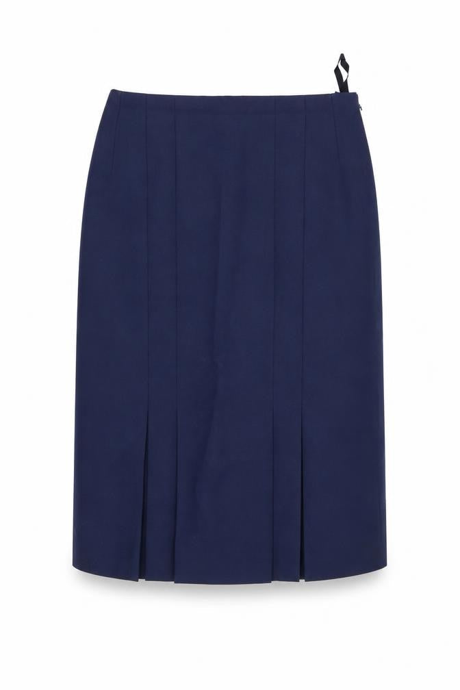 Front view of Preworn women’s blue a-line skirt, size UK 32, in