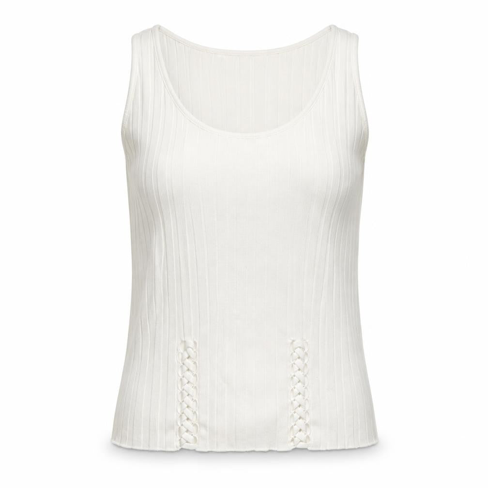 Front view of Kaleidoscope women’s white vest jumper, size UK 10