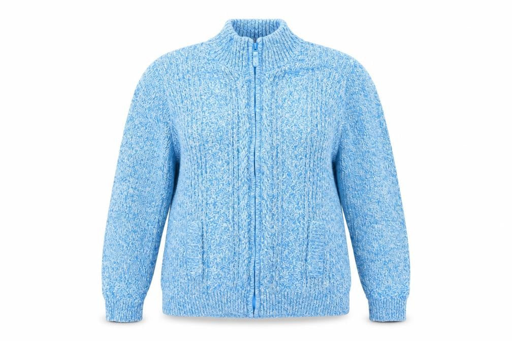 Front view of Isle women’s blue knit jacket, size XL
