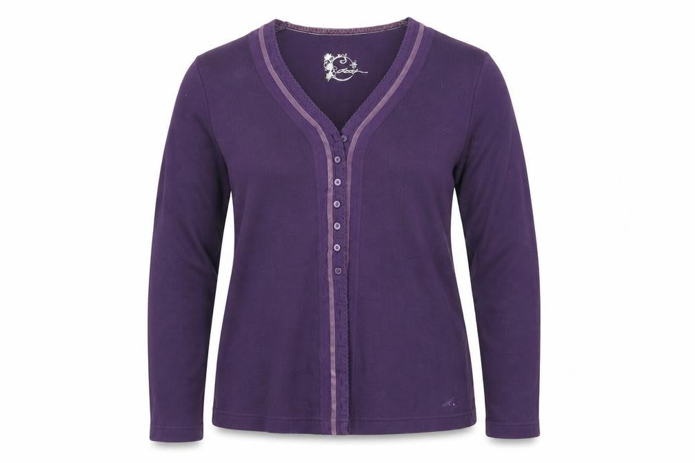 Front view of Dash women’s purple cardigan jumper, size UK 14