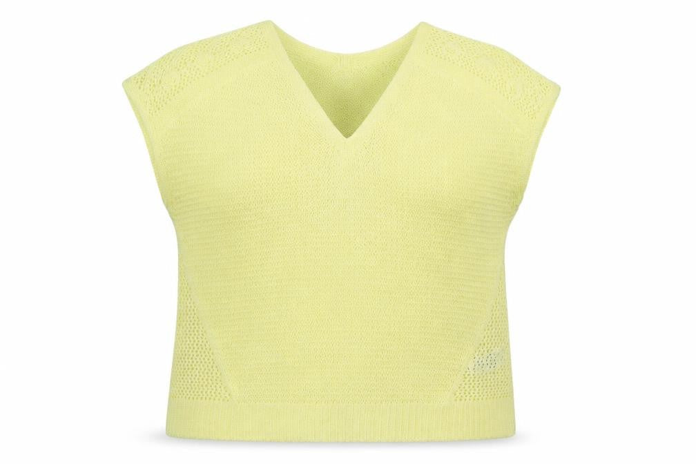 Front view of Per Una women’s yellow knit jumper, size UK 14