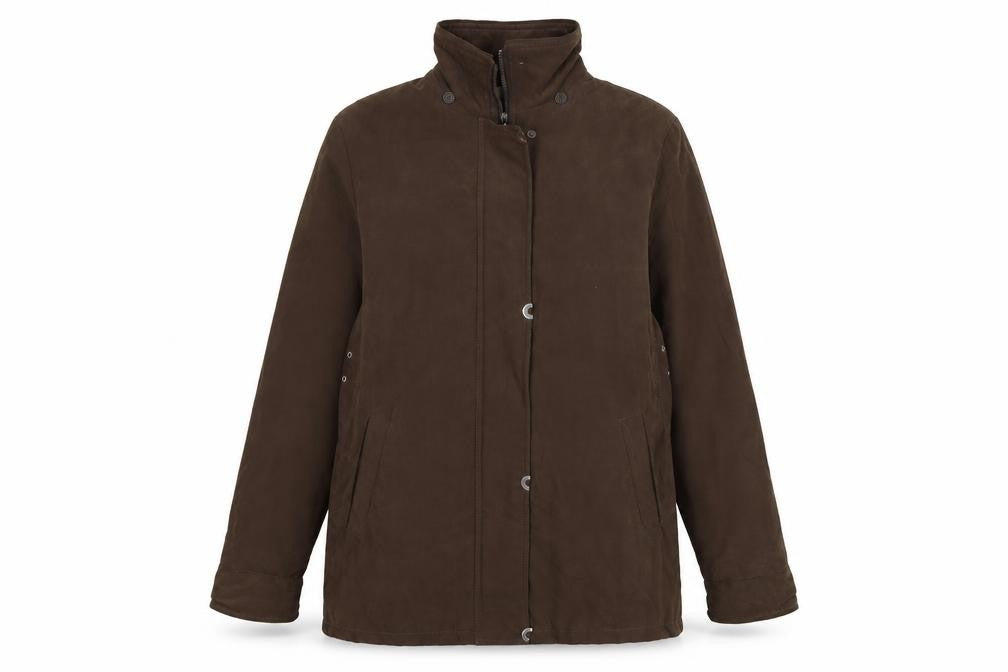 Front view of Classics women’s brown velour windbreaker coat, size UK 14