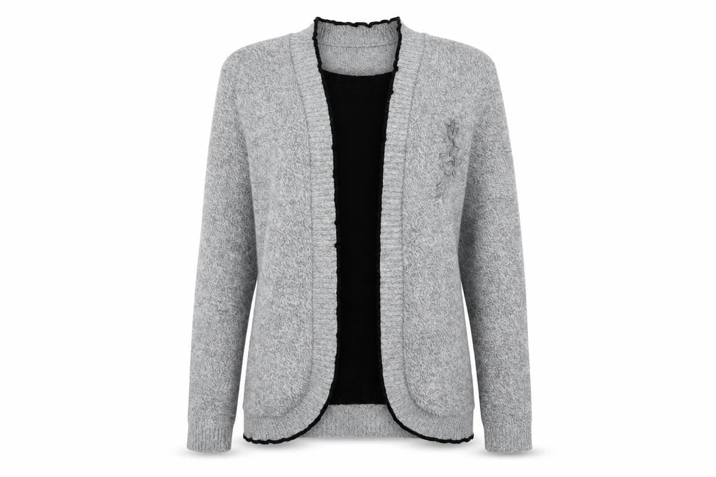 Front view of Glimpse Design women’s grey knit cardigan jumper, size S