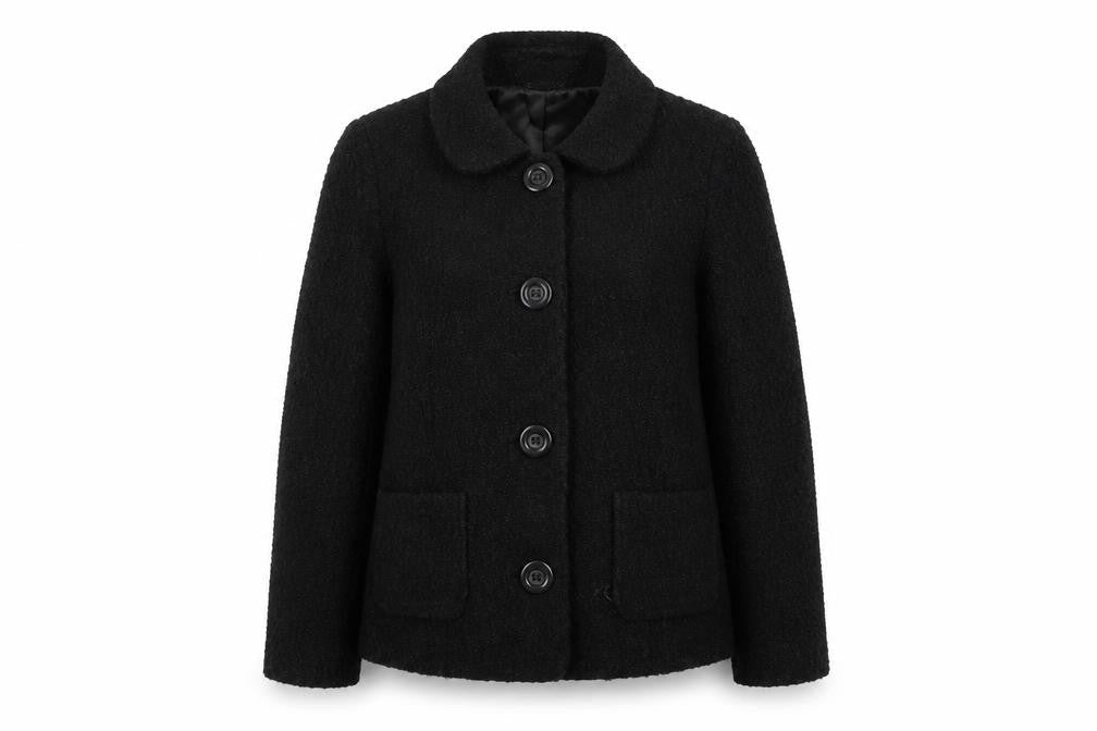 Front view of Preworn women’s black overcoat coat, size UK 16