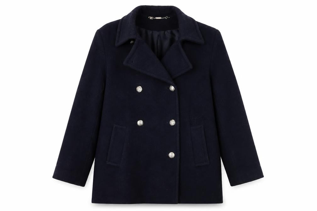 Front view of St Bernard women’s blue overcoat coat, size UK 10
