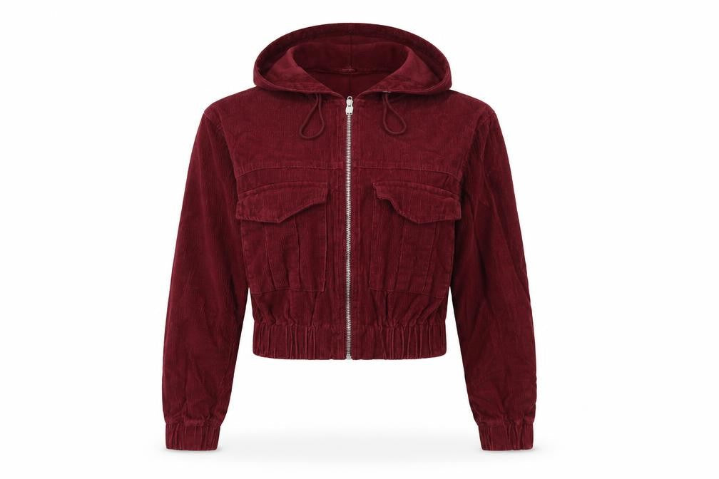 Front view of Boohoo women’s purple corduroy jacket, size UK 10