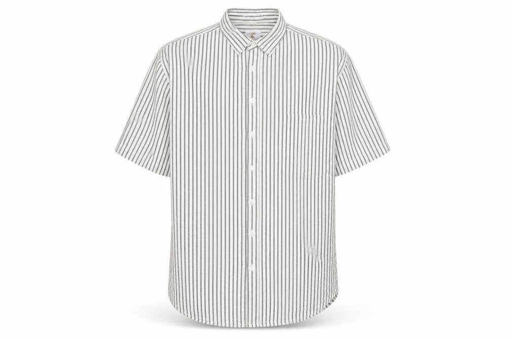 Front view of weekends only men’s white striped button-up, size L