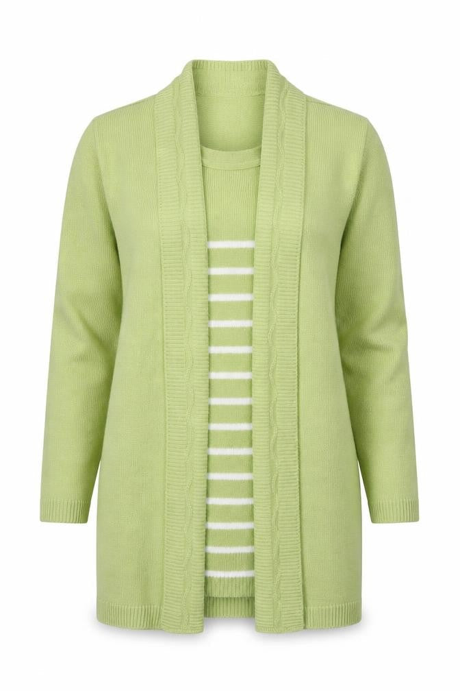 Front view of Prauna women’s green striped knit jumper, size M