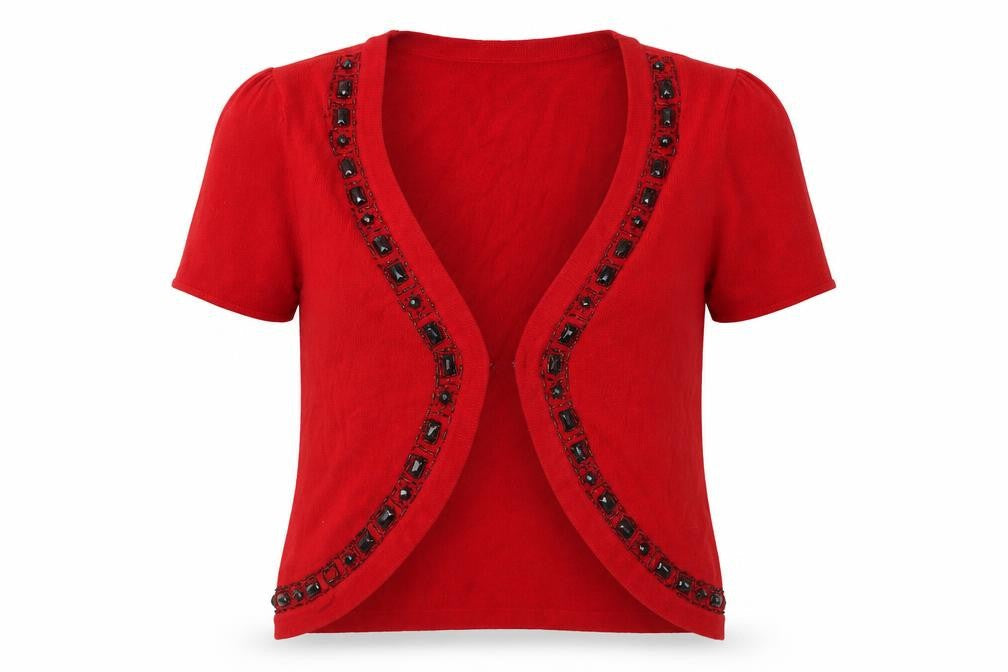 Front view of Bonmarché women’s red knit cardigan jumper, size M