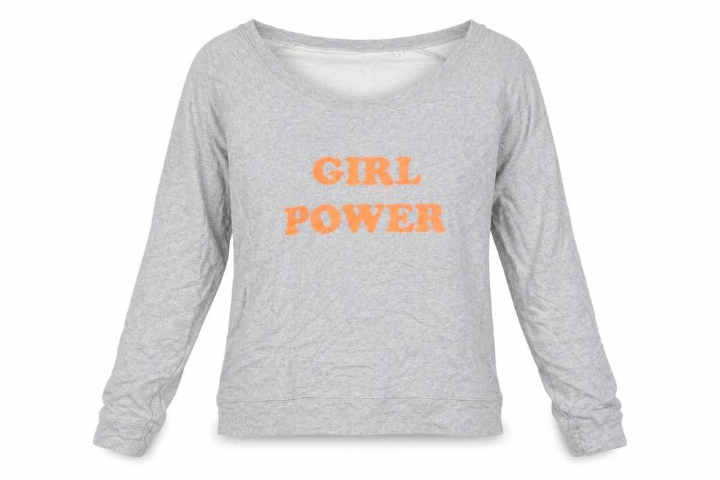 Front view of Organic Cotton women’s grey jumper, size S, - girl power