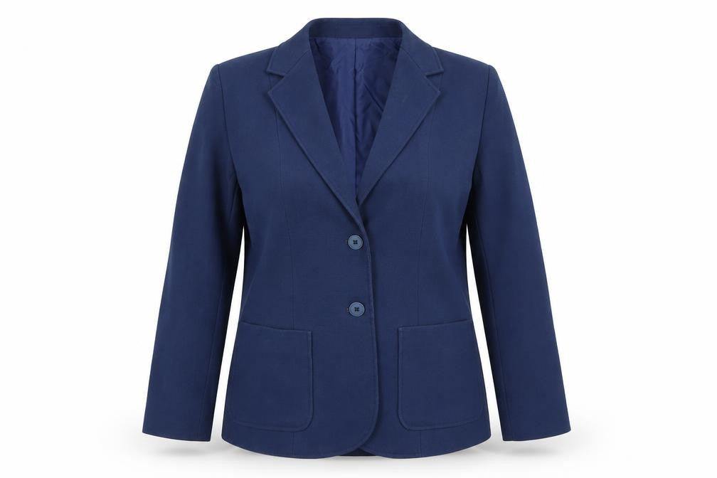 Front view of Preworn women’s blue jacket suit jacket, size UK 14