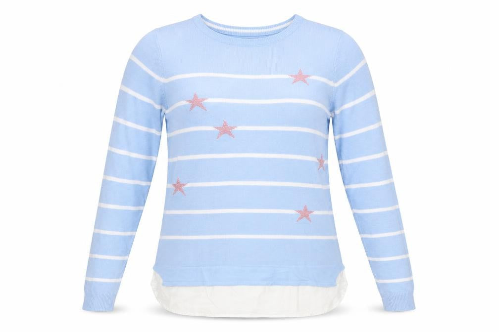 Front view of Beyou women’s blue striped jumper, size UK 12