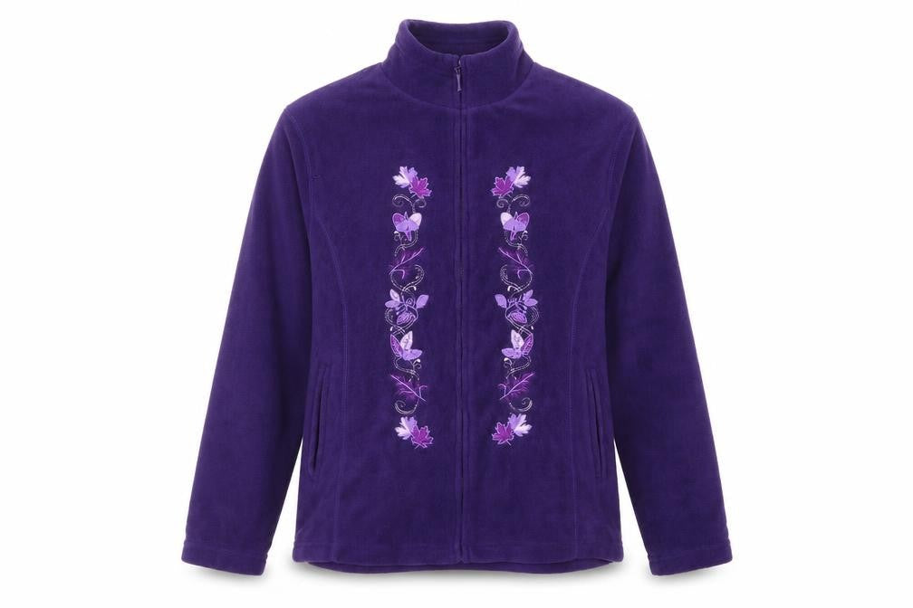 Front view of pure and natural women’s purple full zip jumper, size M