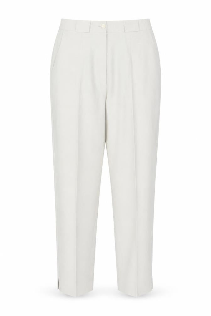 Front view of Le Bon Marché women’s beige trousers, size UK 12, 28-inch leg