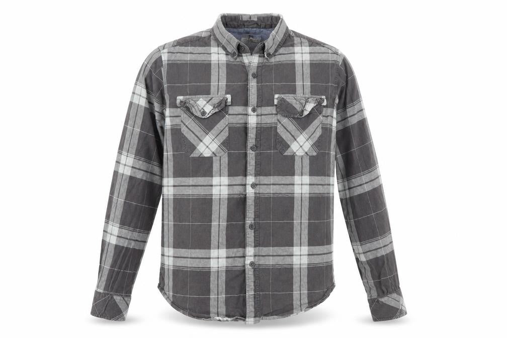 Front view of Crosshatch men’s green plaid button-up, size M