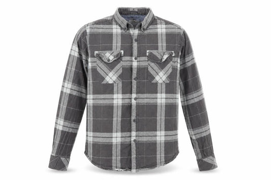 Front view of Crosshatch men’s green plaid button-up, size M