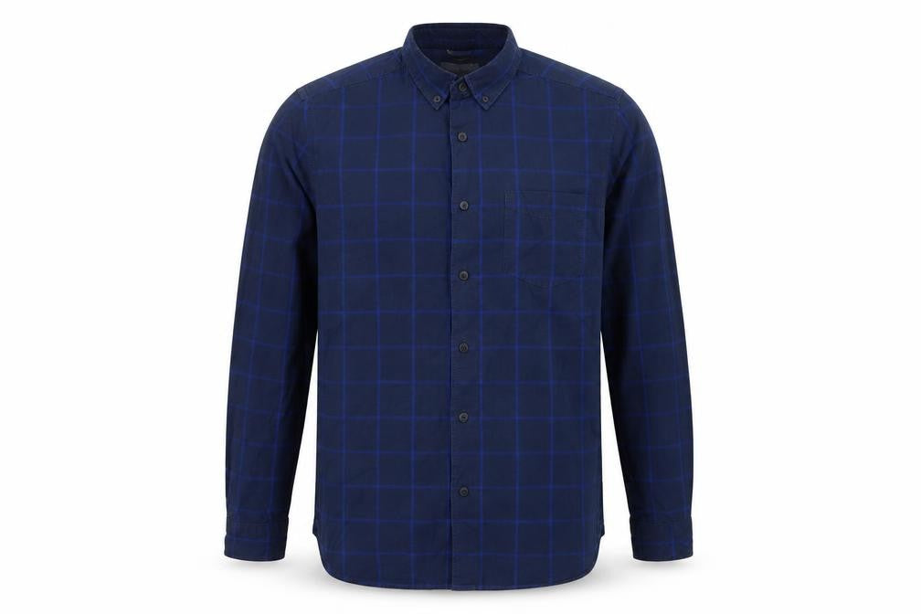 Front view of H&M men’s blue check button-up, size S