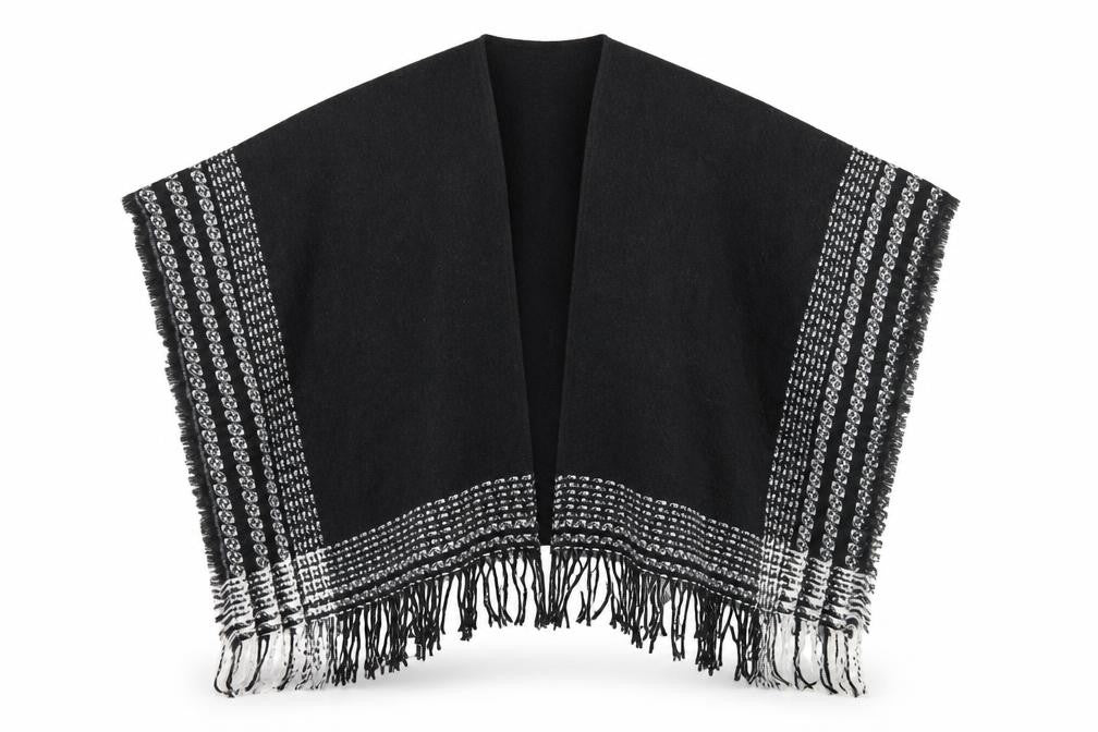 Front view of Preworn women’s black striped knit jacket one size