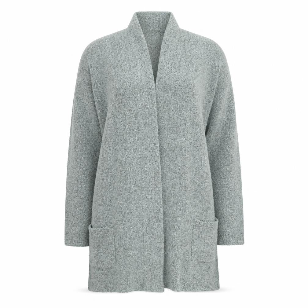 Front view of Julipa women’s grey cardigan jumper, size UK 12