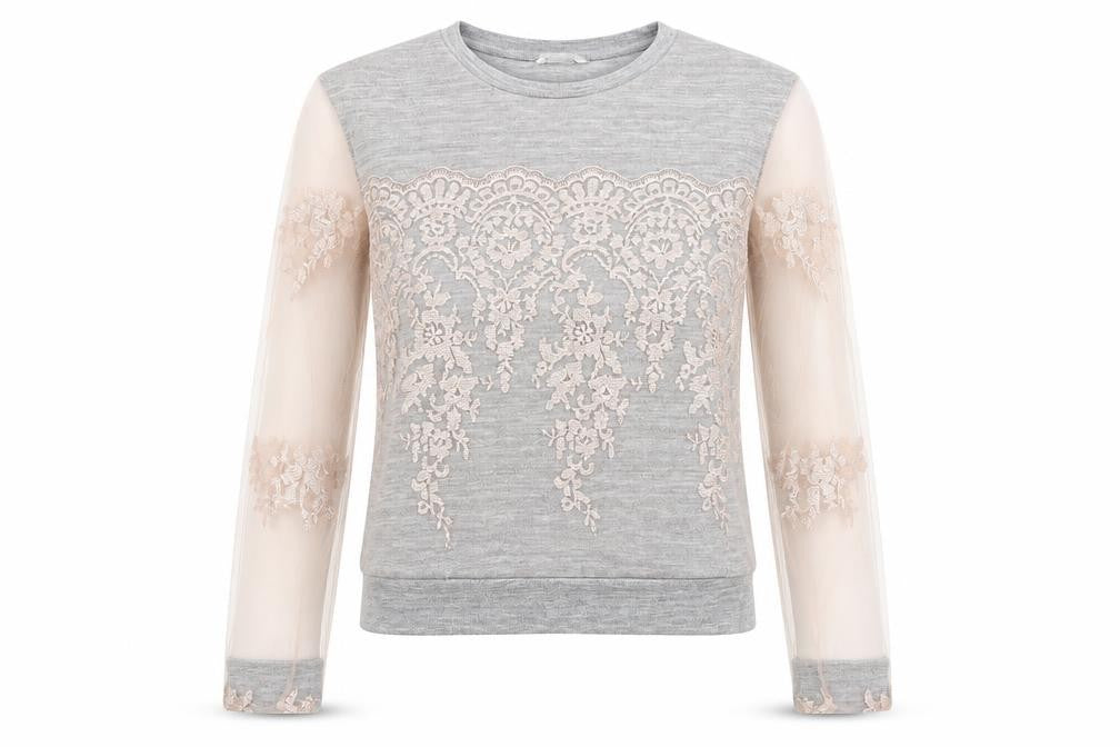Front view of H&M women’s grey pullover sweatshirt, size M