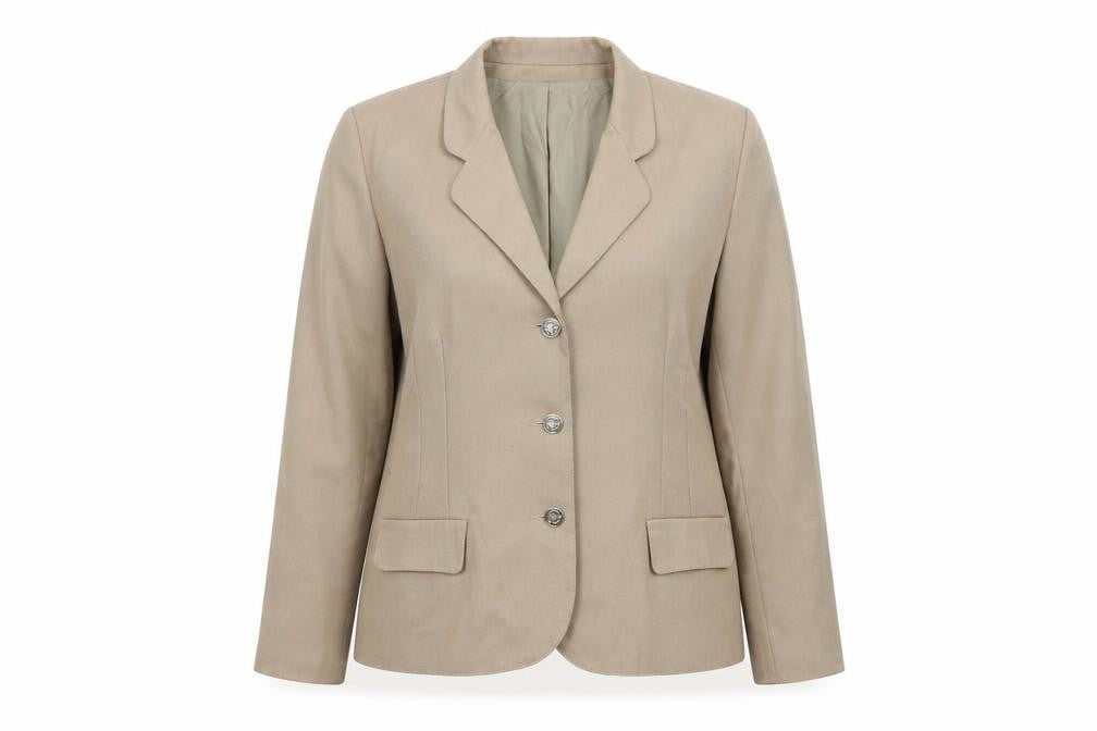 Front view of Rebecca Sheldon women’s beige jacket suit jacket, size UK 16