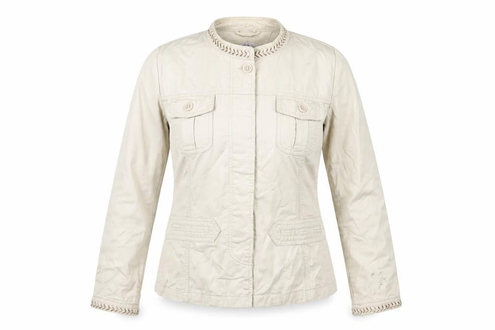 Front view of Papaya women’s beige jacket, size UK 14
