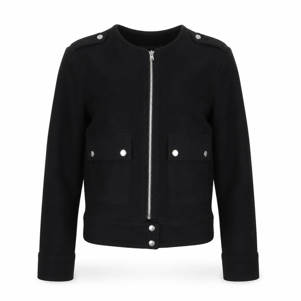 Front view of H&M women’s black jacket, size UK 6, - suede effect