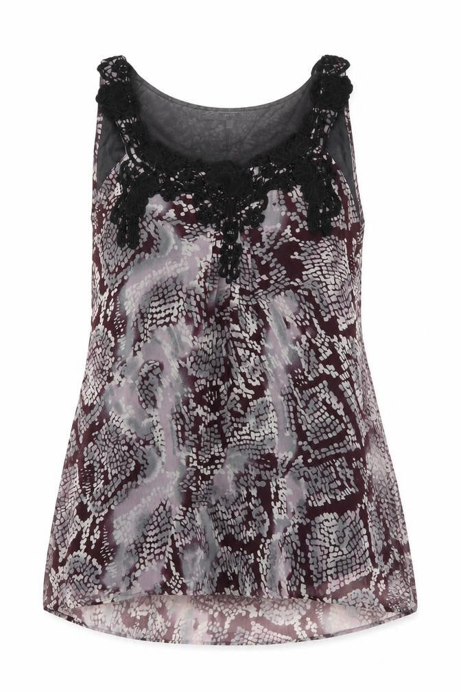 Front view of Next women’s purple geometric camisole blouse, size UK 12