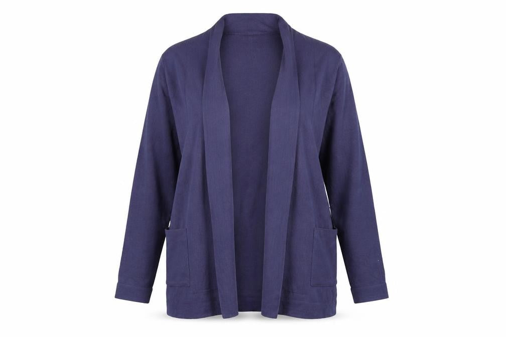 Front view of Country Collection women’s purple cardigan jumper, size M