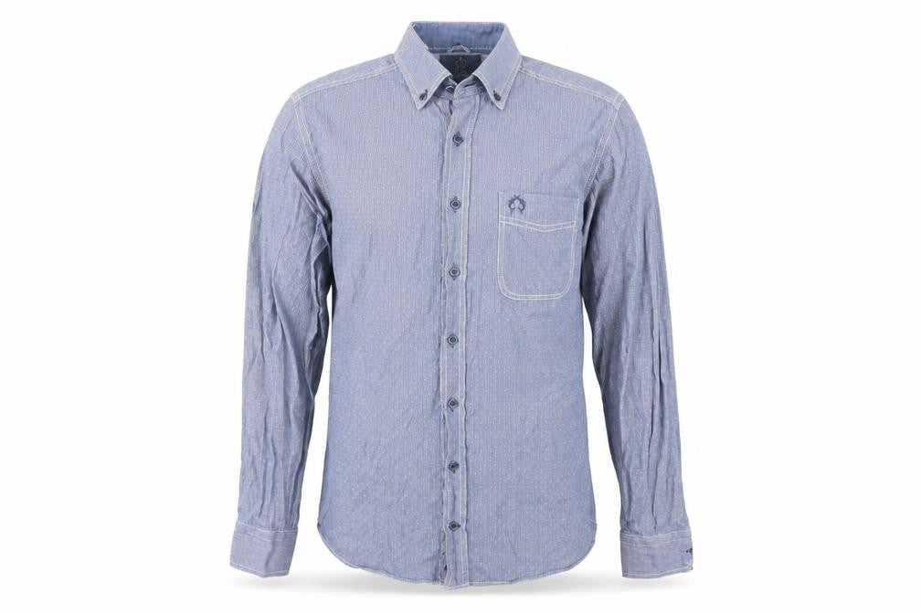 Front view of Claudio Campione men’s blue button-up, size M