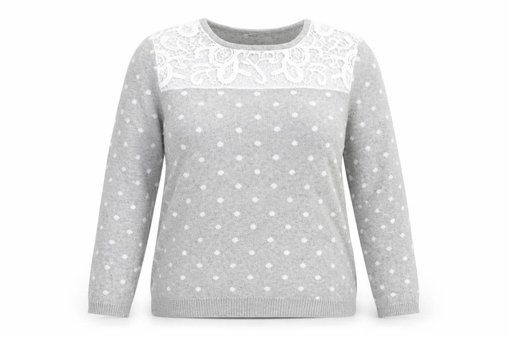Front view of Damart women’s grey polka dot jumper, size UK 14